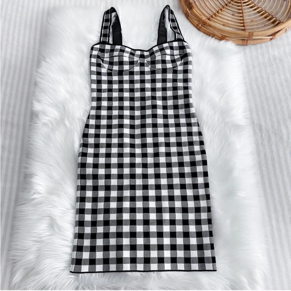Ronny Kobo Midori Gingham Bodycon Mini Dress White Gray Checker Checked S - Picture 4 of 12